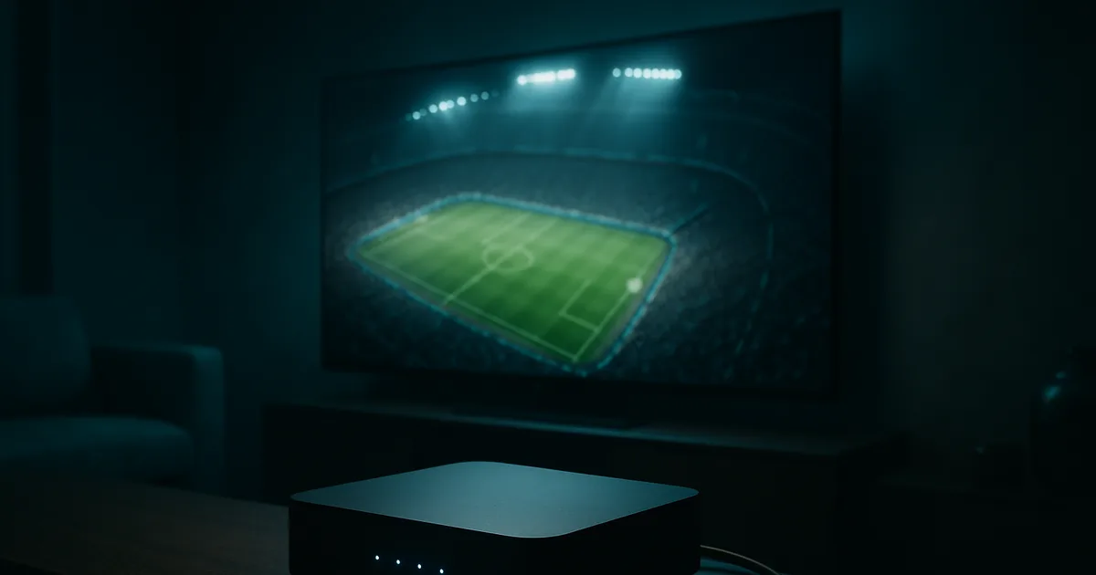 Dunkles Wohnzimmer bei Nacht: Ein großer OLED-Fernseher zeigt ein Fußballstadion unter Flutlicht, im Vordergrund ein Router mit blau leuchtenden LEDs und ein per LAN-Kabel angeschlossenes Abspielgerät.