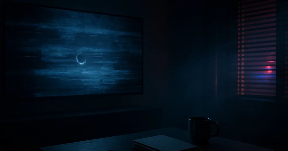 Dunkles Wohnzimmer bei Nacht: ein großer 4K-Fernseher zeigt ein eingefrorenes, gestörtes Streaming-Bild, auf dem Tisch liegen ein leuchtendes Smartphone und ungeöffnete Behördenbriefe, während rot-blaues Licht durch die Jalousien fällt.