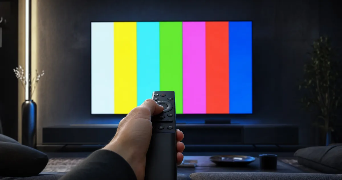 Nahaufnahme einer Fernbedienung vor einem 4K-Fernseher während eines Premium-Tests