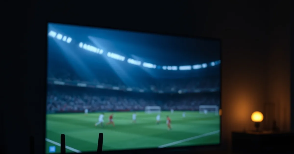 Dunkles Wohnzimmer mit 4K-Fernseher, der eine Fußballübertragung mit sichtbaren Bildstörungen zeigt, im Vordergrund ein Router mit blinkenden Lichtern als Symbol für den Netzwerktest zur Primetime.