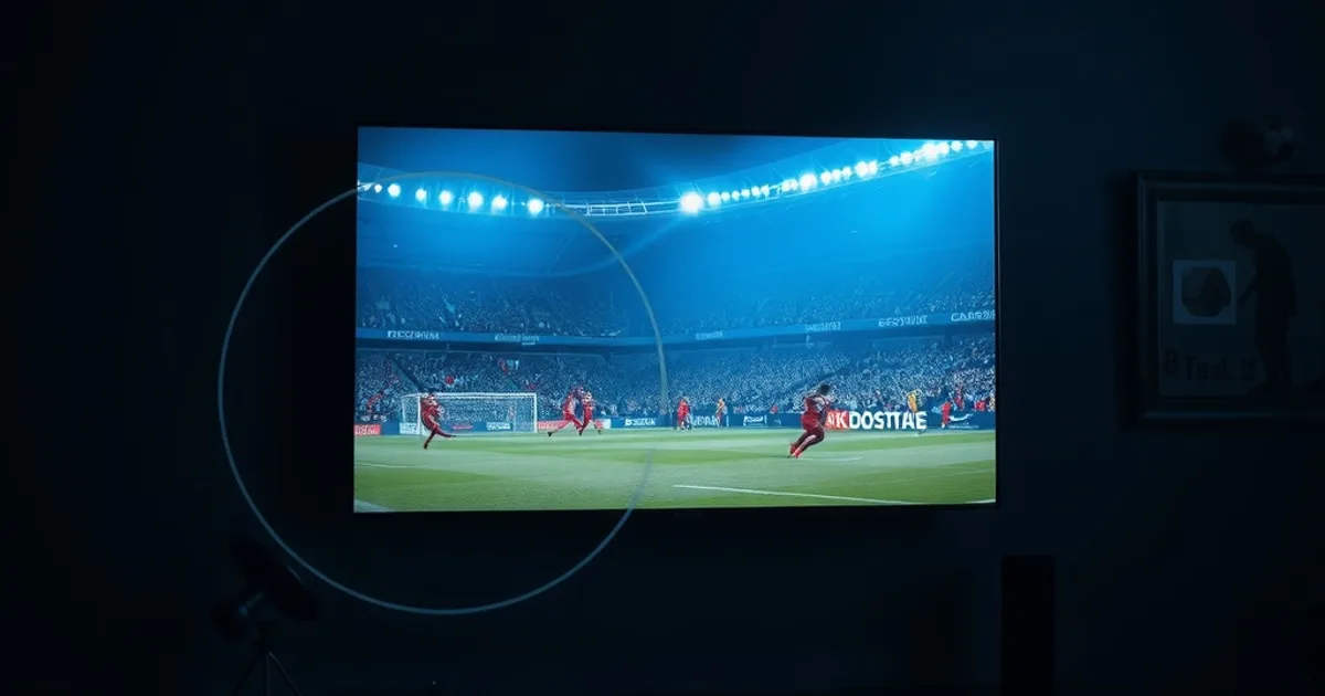 Dunkles Wohnzimmer mit 4K-Fernseher, der ein Live-Fußballspiel zeigt, mit einer technischen Overlay-Grafik in der Ecke, die an eine Stream-Info-Anzeige erinnert