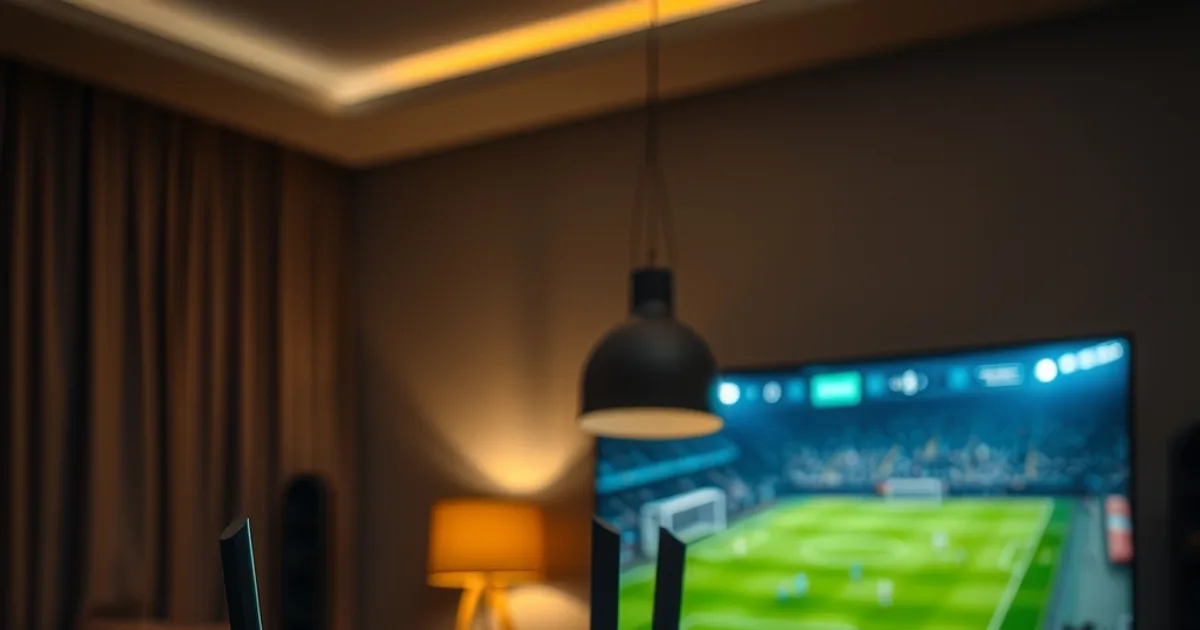 Ein WLAN-Router mit blinkenden LEDs im Vordergrund, im Hintergrund unscharf ein Fernseher mit laufendem Fußballspiel in einem abgedunkelten Wohnzimmer