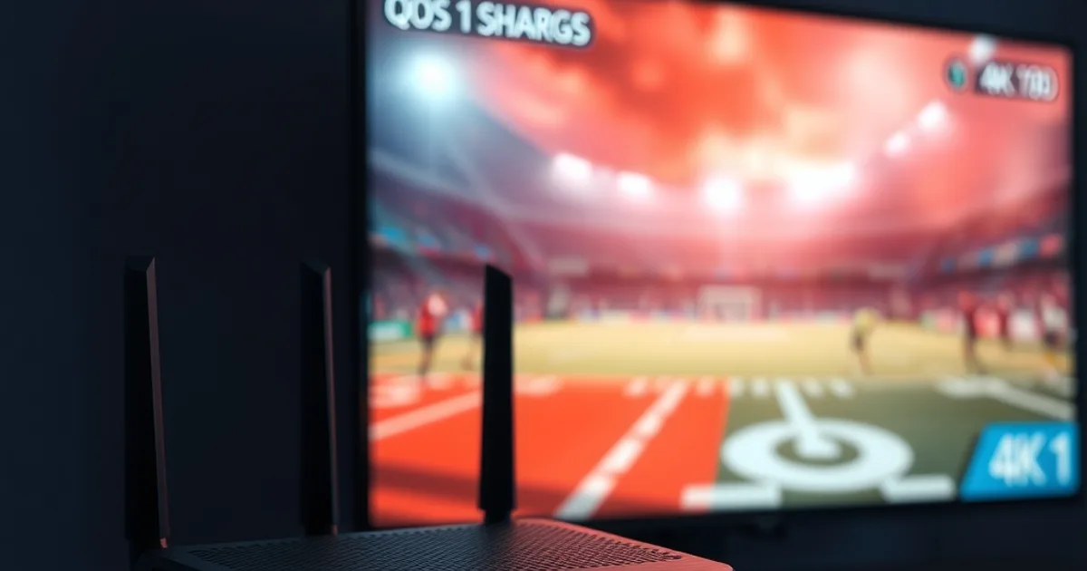 Ein Heimrouter mit leuchtenden Status-LEDs im Vordergrund, im Hintergrund ein 4K-Fernseher mit eingefrorenem, ruckelndem Sportbild in dunkler, atmosphärischer Beleuchtung.
