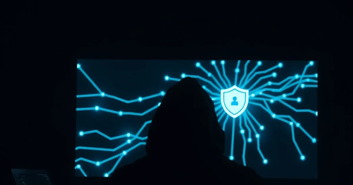 Silhouette einer Person vor einem Laptop-Bildschirm mit leuchtender Netzwerkkarte und Schild-Symbol im dunklen Raum
