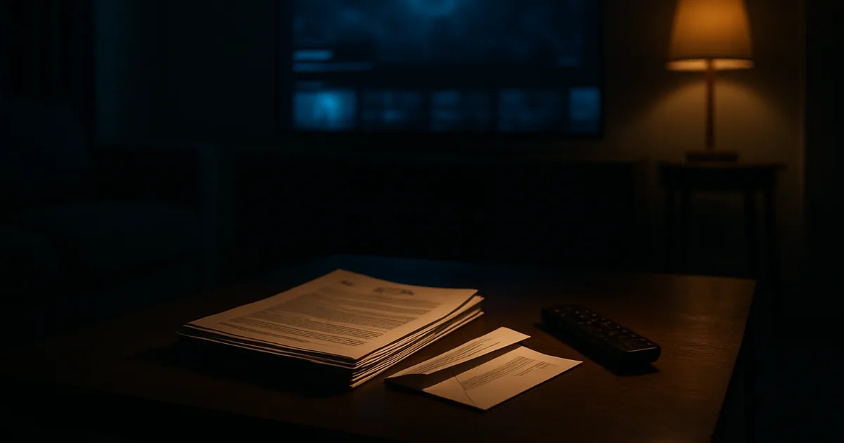 Dunkles Wohnzimmer bei Nacht: Auf dem Couchtisch vor einem blau leuchtenden Fernseher liegen ein geöffneter Brief und juristische Unterlagen neben der Fernbedienung.