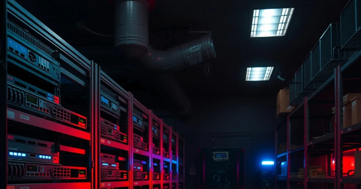 Beschlagnahmte Server und Festplatten in einem dunklen Beweisraum, beleuchtet von blauem Polizeilicht