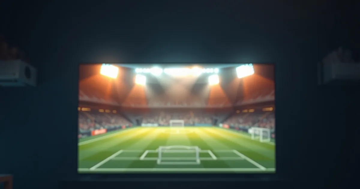 Dunkles, stimmungsvolles Wohnzimmer bei Nacht mit leuchtendem Fernseher, der ein Fußballstadion zeigt, davor Euromünzen und eine Fernbedienung auf einem dunklen Holztisch.