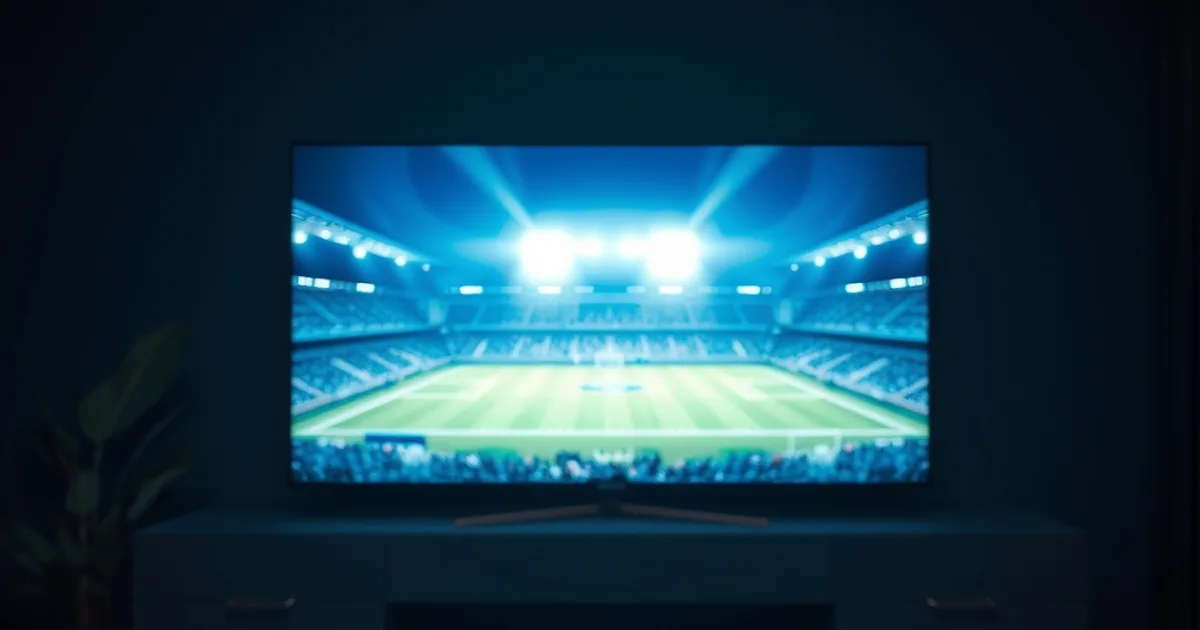 Dunkles Wohnzimmer mit leuchtendem Fernseher im Stadion-Look, davor ein Smartphone mit Countdown-Timer und ein Kalenderblatt mit markiertem Datum