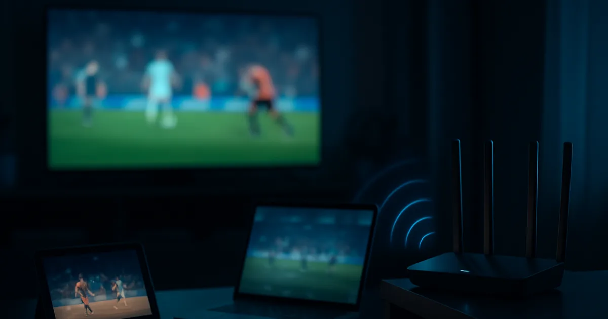 Dunkles Wohnzimmer bei Nacht mit mehreren gleichzeitig leuchtenden Bildschirmen und einem Router im Hintergrund, der die Geräte drahtlos verbindet.