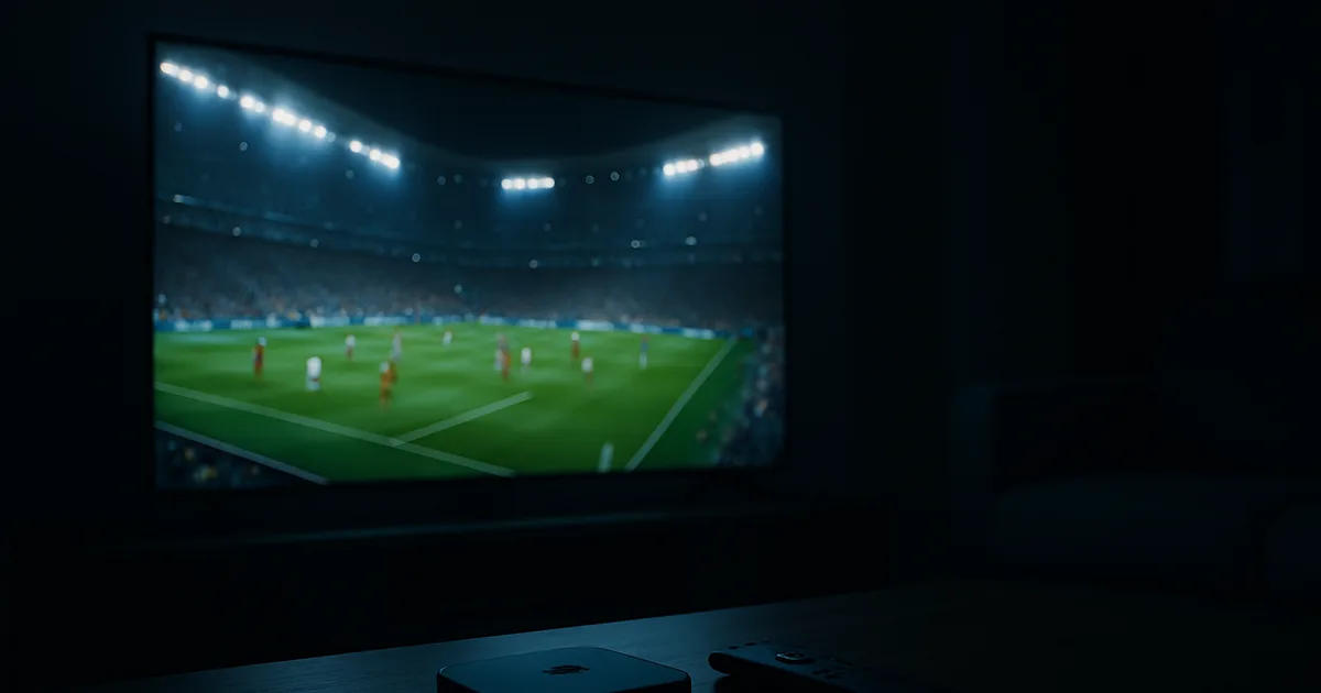 Dunkles Wohnzimmer bei Nacht, beleuchtet vom Licht eines großen 4K-Fernsehers, der ein WM-Stadion mit Flutlicht und grünem Rasen zeigt; im unscharfen Vordergrund eine schwarze Streaming-Box und Fernbedienung.
