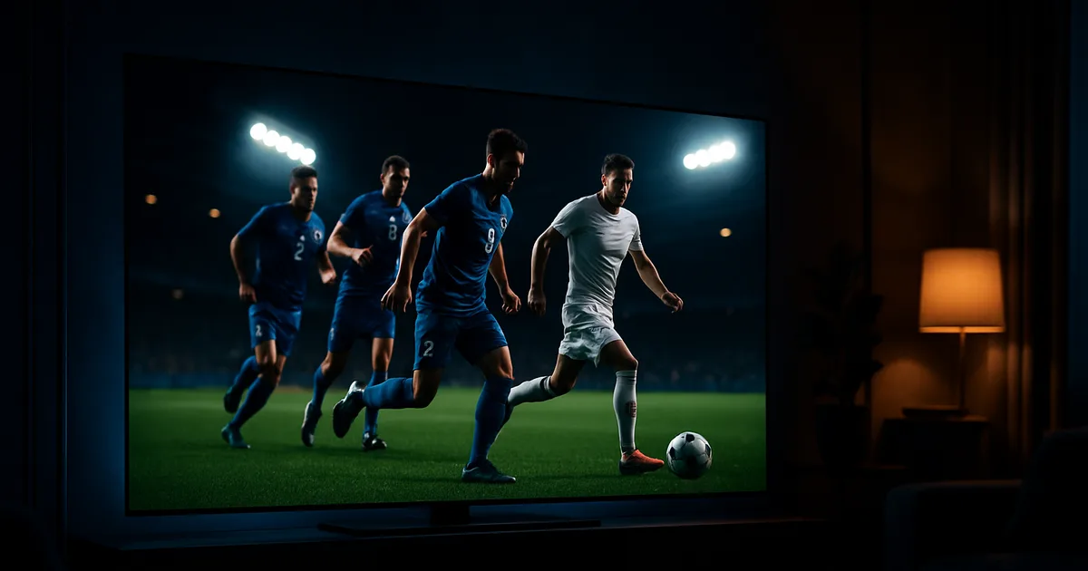 Dunkles, edles Wohnzimmer bei Nacht mit großem OLED-Fernseher, der ein gestochen scharfes WM-Fußballspiel in 4K zeigt; grüner Rasen, Spieler in Bewegung und leuchtende Stadionflutlichter spiegeln sich auf dem Bildschirm.
