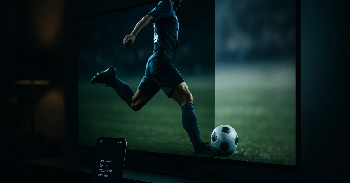 Dunkler Wohnzimmer-Nachtschuss: Ein 4K-Fernseher zeigt eine WM-Szene, links gestochen scharf, rechts verschwommen; im Vordergrund ein Smartphone mit Codec- und Bitraten-Anzeige.
