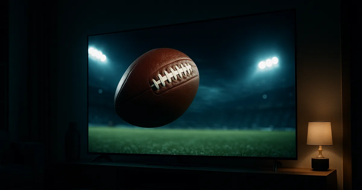 Dunkles Wohnzimmer bei Nacht mit großem 4K-Fernseher, der einen scharf eingefrorenen, fliegenden Fußball über einem flutlichtbeleuchteten Stadionrasen in HDR zeigt.