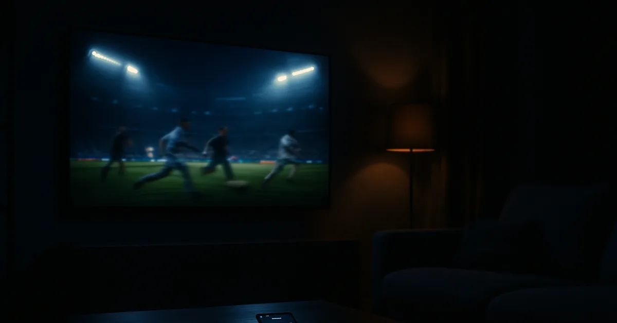 Dunkles Wohnzimmer bei Nacht, ein großer Fernseher zeigt ein floodlichtbestrahltes WM-Stadion in einer schnellen Angriffsszene, davor ein Smartphone mit Speedtest-Grafik.