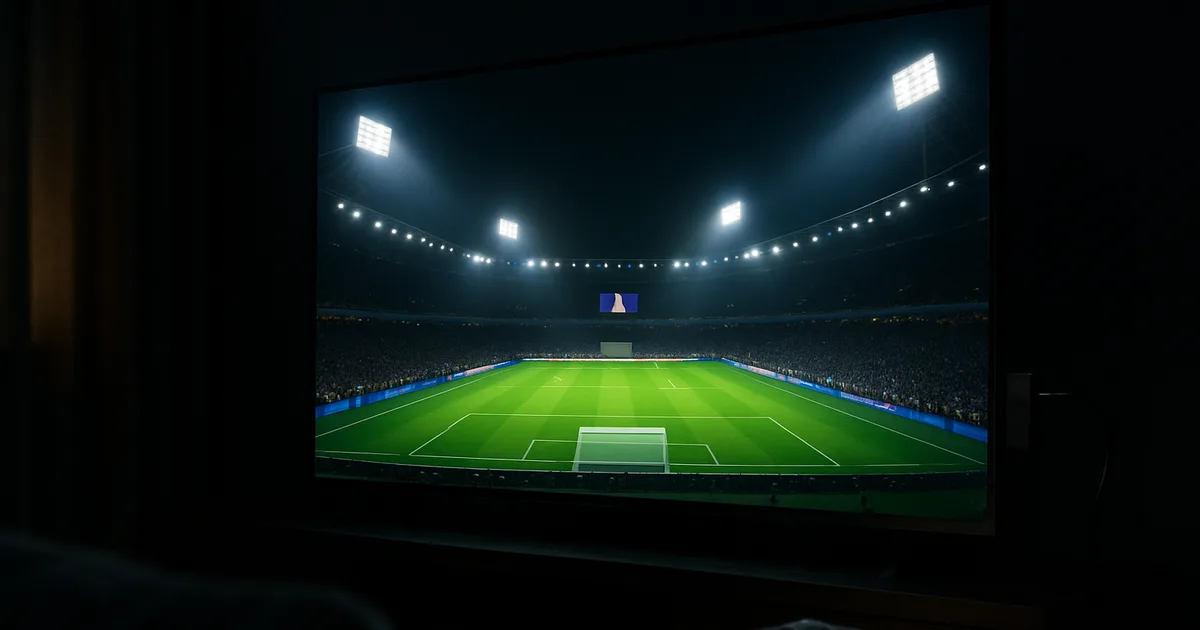 Abgedunkeltes Wohnzimmer bei Nacht, in dem ein großer 4K-Fernseher ein gestochen scharfes WM-Fußballspiel im Stadion zeigt; daneben ein Streaming-Stick und eine Fernbedienung.