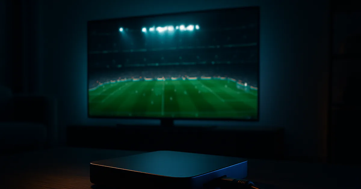 Dunkles Wohnzimmer bei Nacht, ein großer 4K-Fernseher zeigt gestochen scharf ein WM-Fußballspiel im Stadion, davor ein schlankes Streaming-Gerät mit eingestecktem LAN-Kabel.