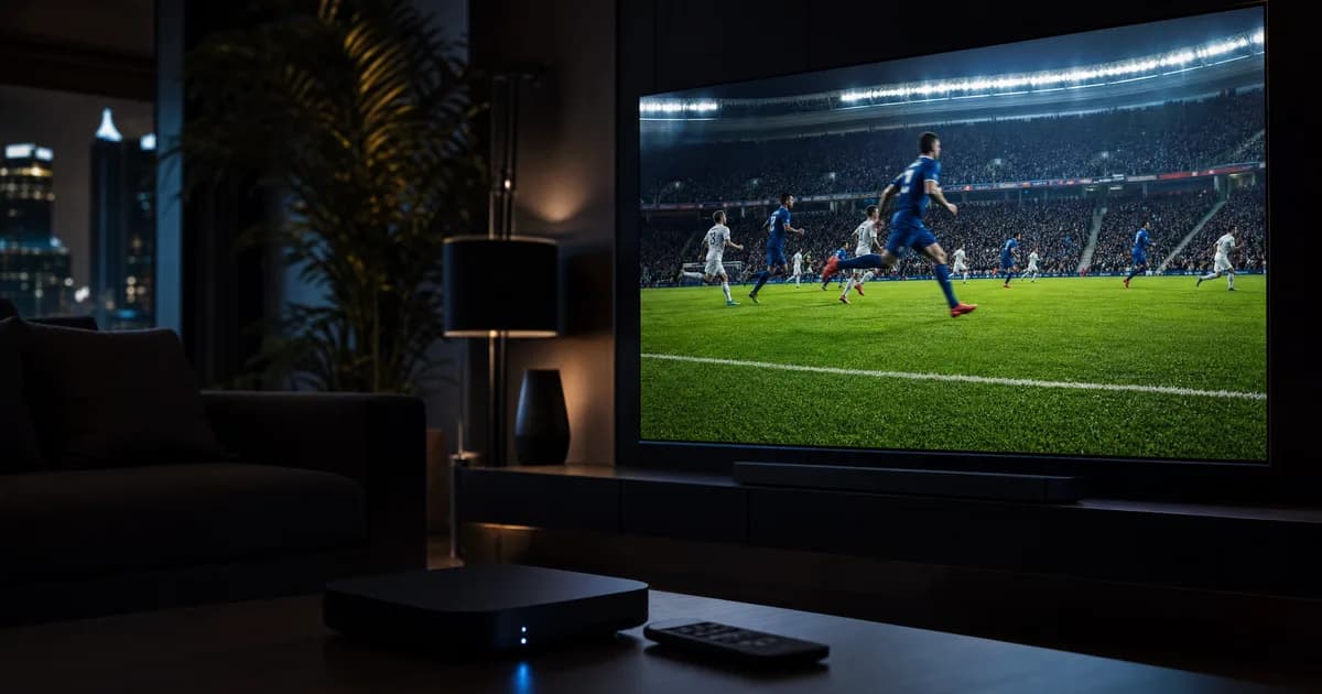 Dunkles Wohnzimmer bei Nacht, ein großer 4K-Fernseher zeigt gestochen scharf ein WM-Live-Spiel mit grünem Rasen, im unscharfen Vordergrund eine Streaming-Box mit Fernbedienung.