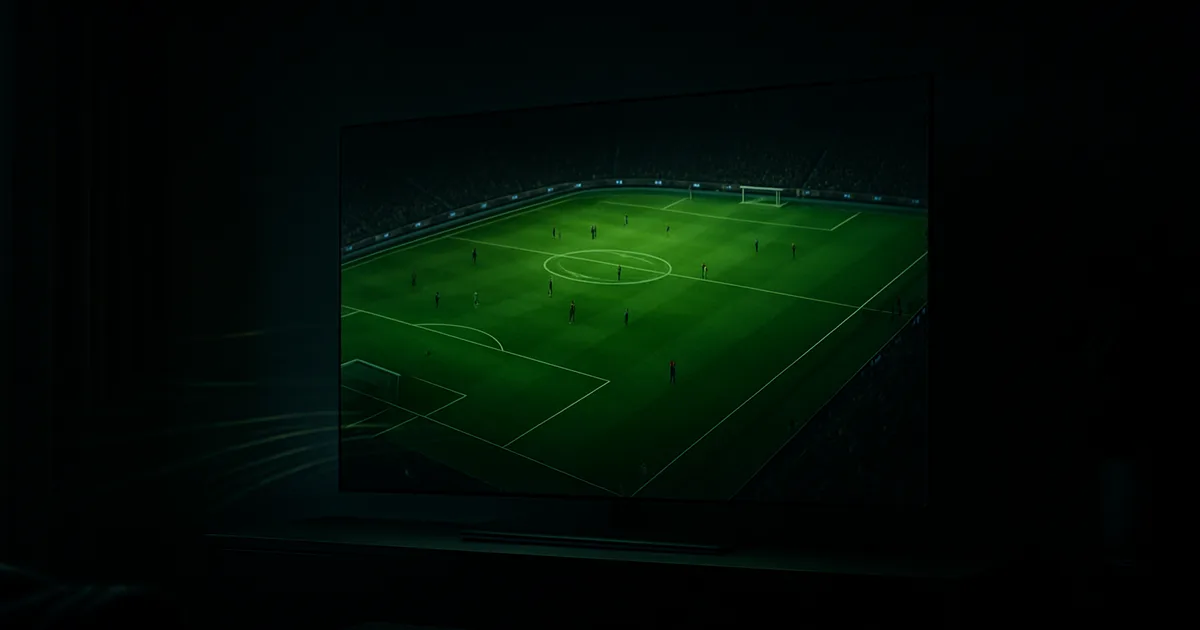 Dunkles Wohnzimmer bei Nacht, ein großer 4K-Fernseher zeigt ein gestochen scharfes Fußballspiel mit leuchtend grünem Rasen, davor ein schlanker Streaming-Stick und HDMI-Kabel.