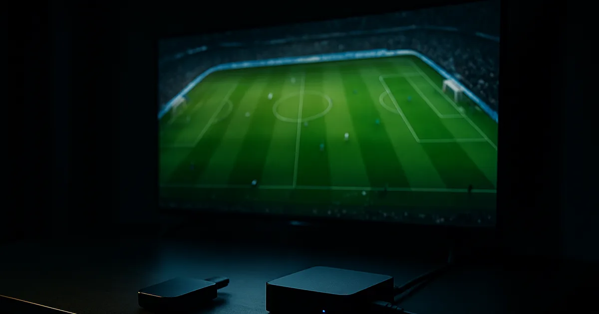 Abgedunkeltes Wohnzimmer bei Nacht, ein großer 4K-Fernseher zeigt ein Fußballspiel aus der Vogelperspektive; davor ein Streaming-Stick, eine schwarze Box und eine Fernbedienung mit eingestecktem LAN-Kabel.