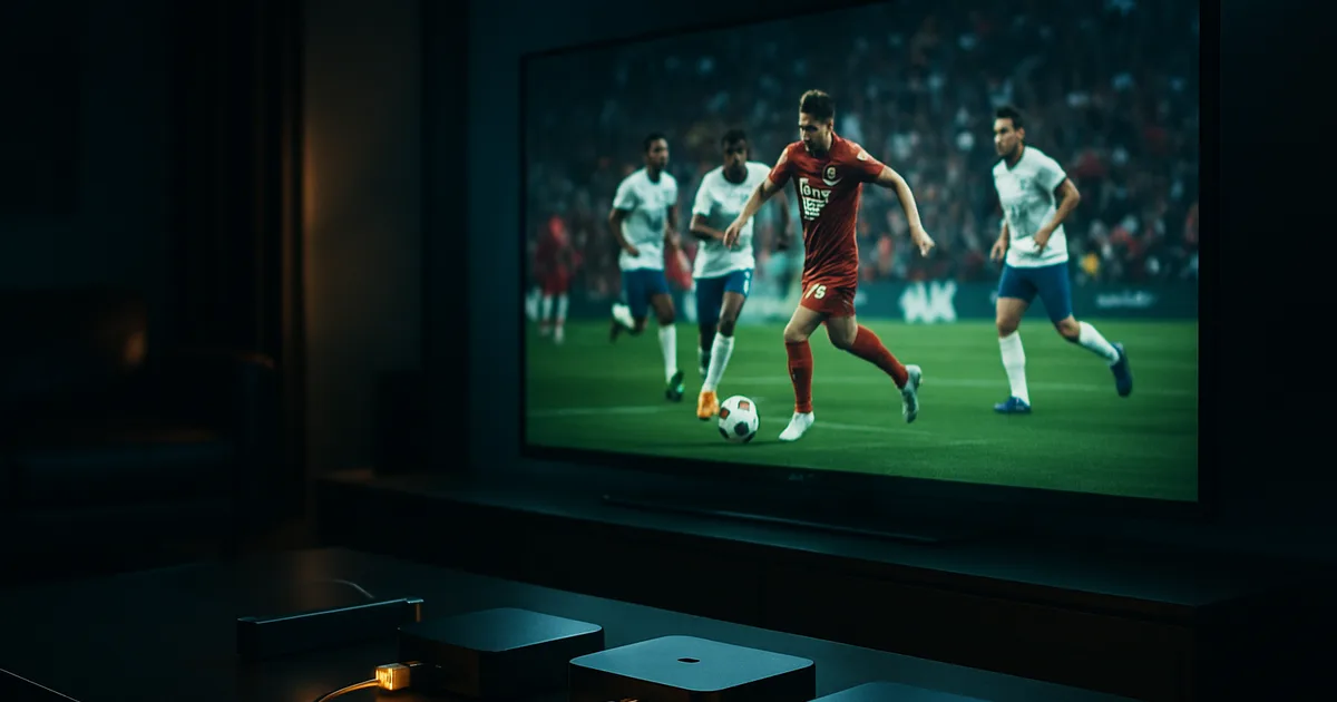 Abgedunkeltes Wohnzimmer bei Nacht: ein großer 4K-Fernseher zeigt ein Fußballspiel in UHD, davor stehen mehrere Streaming-Geräte nebeneinander, jeweils per Netzwerkkabel verbunden.