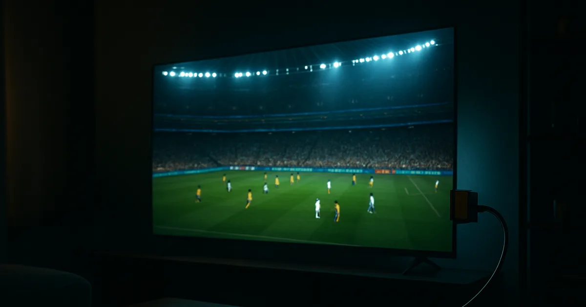 Dunkel beleuchtetes Wohnzimmer bei Nacht, ein großer 4K-Fernseher zeigt gestochen scharf ein volles WM-Stadion mit Fußballspielern in Bewegung, davor ein Streaming-Stick und ein Netzwerkkabel am TV.